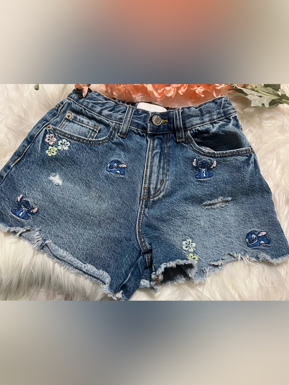 Denim Embroidered little girl Shorts with Stitch Floral Accents - Blue
